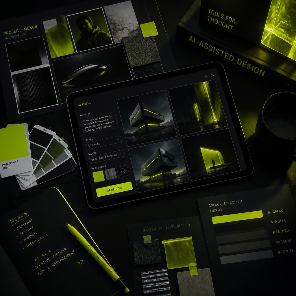 AI-assisted design workflow: moodboard, swatches and generated imagery
